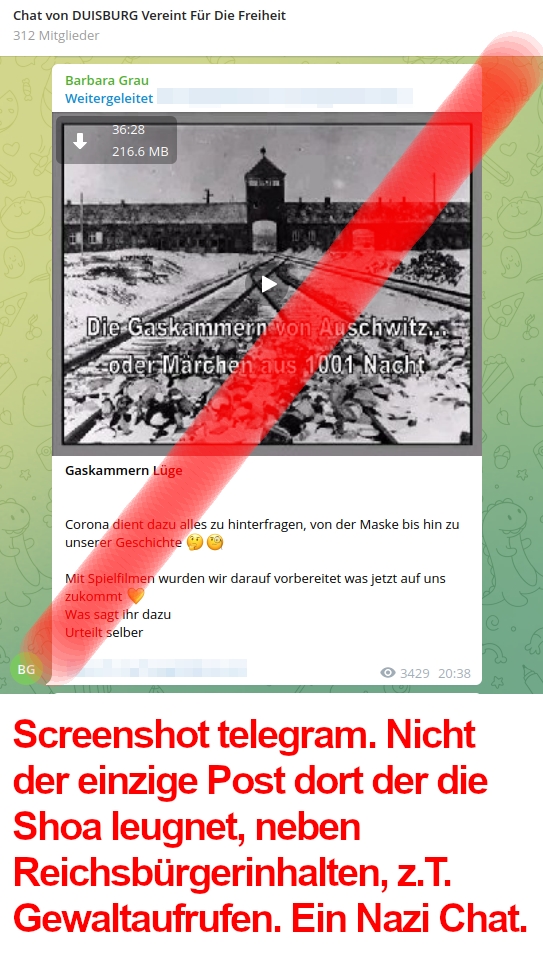 In der tg Chat Gruppe der #Duisburger*innen, die einen Teil der wöchentlichen rechten Aufmärsche in #Oberhausen bilden, wird nicht überraschend die #Shoa geleugnet. Der Anmelder und immer wider als öffentlicher Redner in OB auftretende Tim Werner aus #Duisburg ist dort Admin.