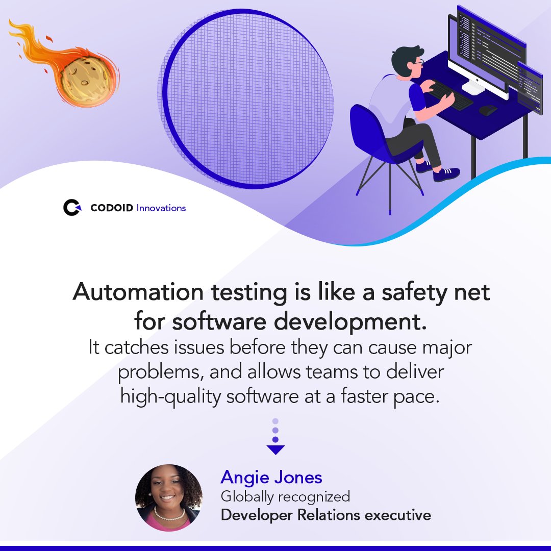 codoid's tweet photo. "Automation testing is like a safety net for software development. It catches issues before they can cause major problems and allows teams to deliver high-quality software at a faster pace."

 - Angie Jones, 

#codoid #codoidquotes #softwaretestingquotes #angiejones https://t.co/C2w5oU83Fe