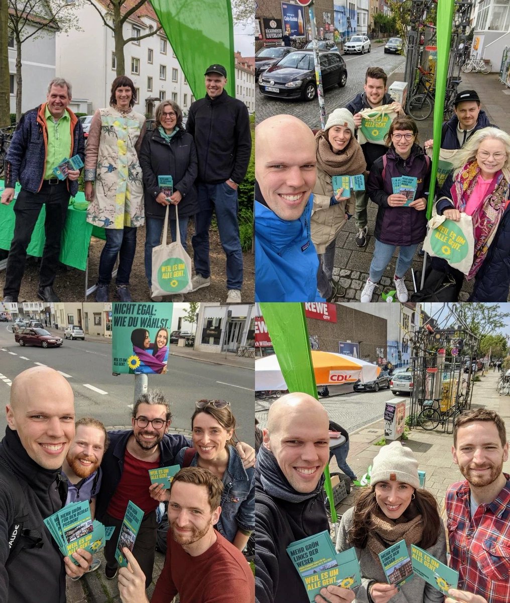 PhBruck's tweet photo. Fünf Stimmen GRÜN am 14.5.! 💚 Dafür sind wir in der Neustadt, Findorff und Woltmershausen unterwegs – und im ganzen Bundesland. Danke an alle für die tolle Unterstützung! https://t.co/eqPNPnfZQ4
