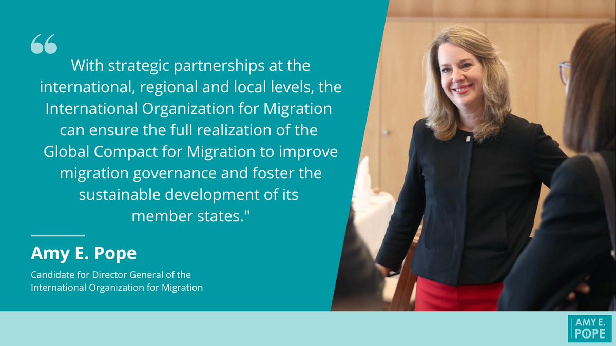 AmyEPope's tweet photo. The Global Compact for Migration is a critical tool for more effective, humane migration. As DG, I am committed to garnering additional support from member states along with other regional &amp; local partners who have a stake in its full implementation. 🌐︎ https://t.co/MeKQ2KQvSY