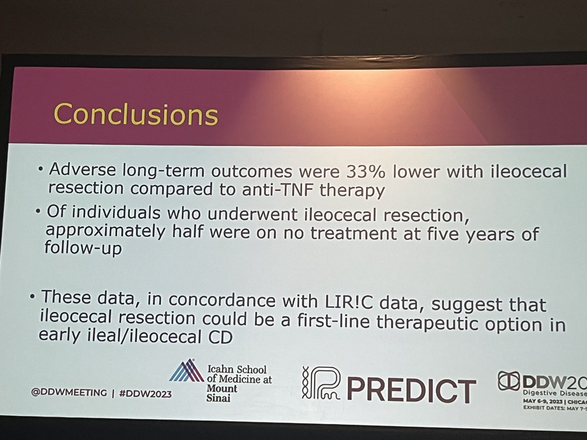 MRegueiroMD's tweet photo. ⁦@ManasiAgrawalMD⁩ extends the L!ric study: 50% of CD pts who undergo primary treatment with surgical resection and anastomosis do well without medications >15 yrs. #DDW2023 The ? Remains: what factors predict long term success w surgery and no meds? ⁦@JeanFredericCo1 https://t.co/fAoBQp4kpO