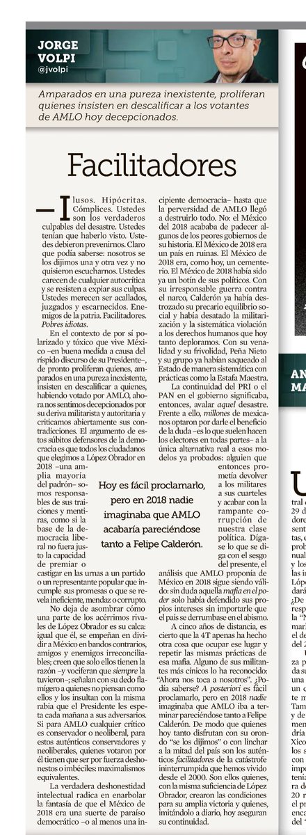 MarthaTagle's tweet photo. No dejen de leer a @jvolpi en @Reforma 
El México de 2018 era un país en ruinas. El México de 2018 era, como hoy, un cementerio. El México de 2018 había sido ya un botín de sus políticos. Con su irresponsable guerra contra el narco, Calderón ya había destrozado su precario equilibrio social y había desatado la militarización…”
