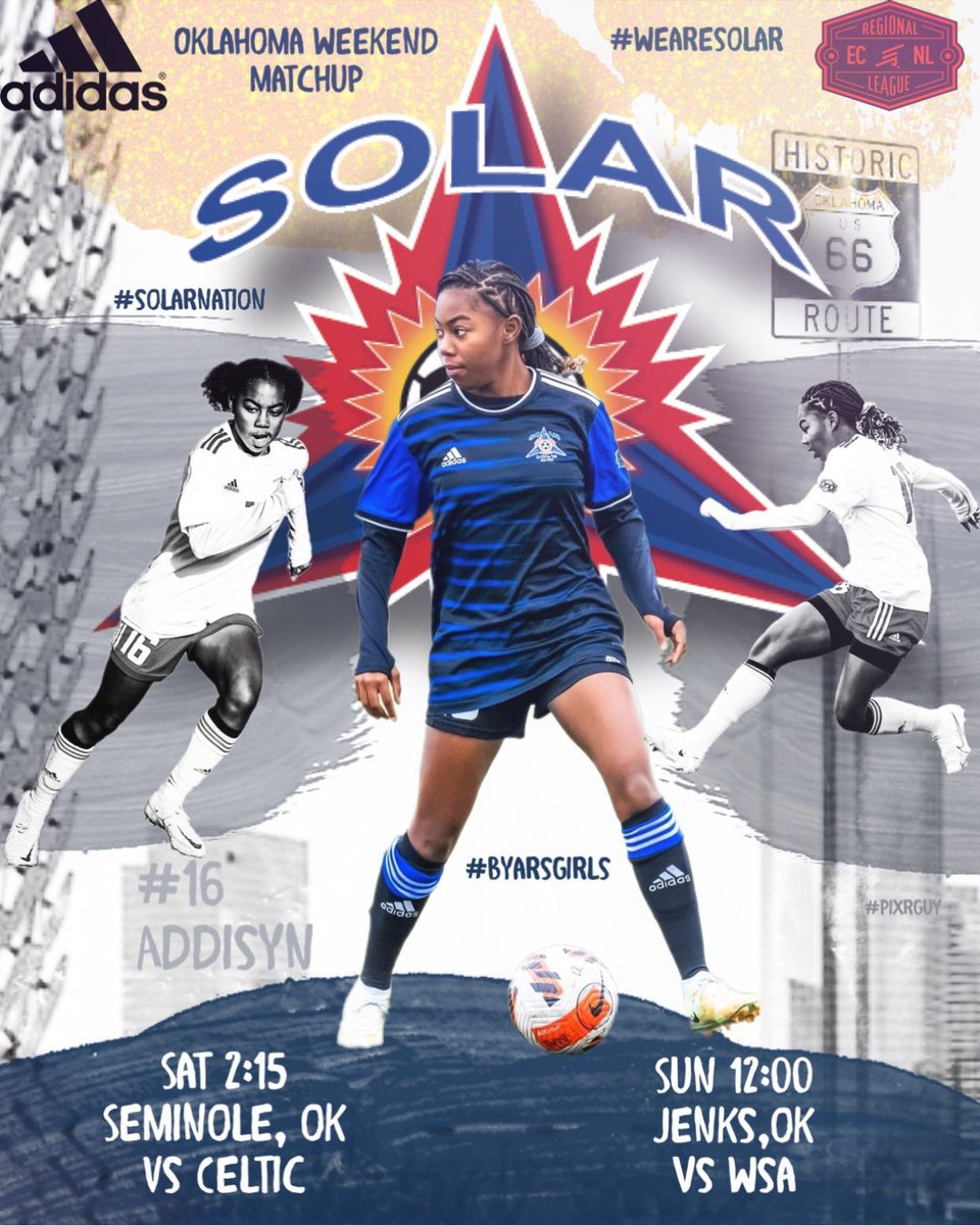 Double Header Weekend in Oklahoma. 
Saturday, May 6th 2:15 in Seminole, OK, at the Brian Crawford Memorial Sports Complex. Sunday, May 7th 12:00, in Jenks, OK at Jenks HS. 

#byarsgirls #solarnation #solar16 #wearesolar #solarsoccerclub #pixrguy #pixrguygraphic