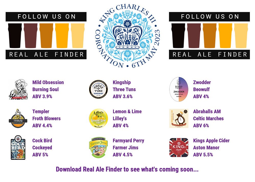 On the bar today!
Beer Board: goo.gl/BCjKCK
#Coronation #Coronation2023 #CoronationWeekend @BurningSoulBrew @ThreeTunsBrewer @BeowulfBrewing @lilleyscider @CelticMarches @cockeyedciderco #FarmerJimsCider @astonmanorcider 
#RealAleFinder