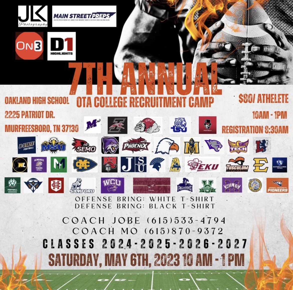 GardnerBushart's tweet photo. Super excited to watch these Crockett County guys today at the 7th Annual OTA College Recruitment Camp in Murfreesboro, TN!!! @OnTopAthletics @CoachSantana_ @coachTJ_UTM @LewisLake13 @JustusLake1 @CarsonPruitt34 @_ea19_ @kevinhward88 @josgholt https://t.co/l3X8yLk4ff