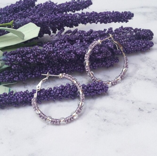 One of A Kind hoop earrings, featuring shuttle tatted lace in metallic lilac thread with silver lined seed beads.  Perfect for proms and parties. etsy.com/uk/listing/147… #CostumeJewellery #MHHSBD