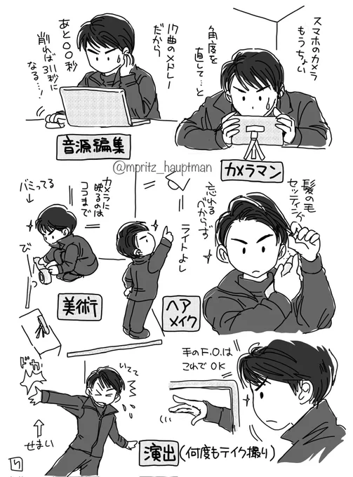 【 舞台裏 】  振り付け動画が出来るまで&出来たあと。(再掲)  これ思いついためっちゃ勢いで描いて動画がUPされた5時間後には仕上げた過去最速のお絵かき(とゆーか落書き)でした。  あらためて見るとYouTube動画を編集されてたご様子と当たらずとも遠からずな気がしなくもないような…かも笑