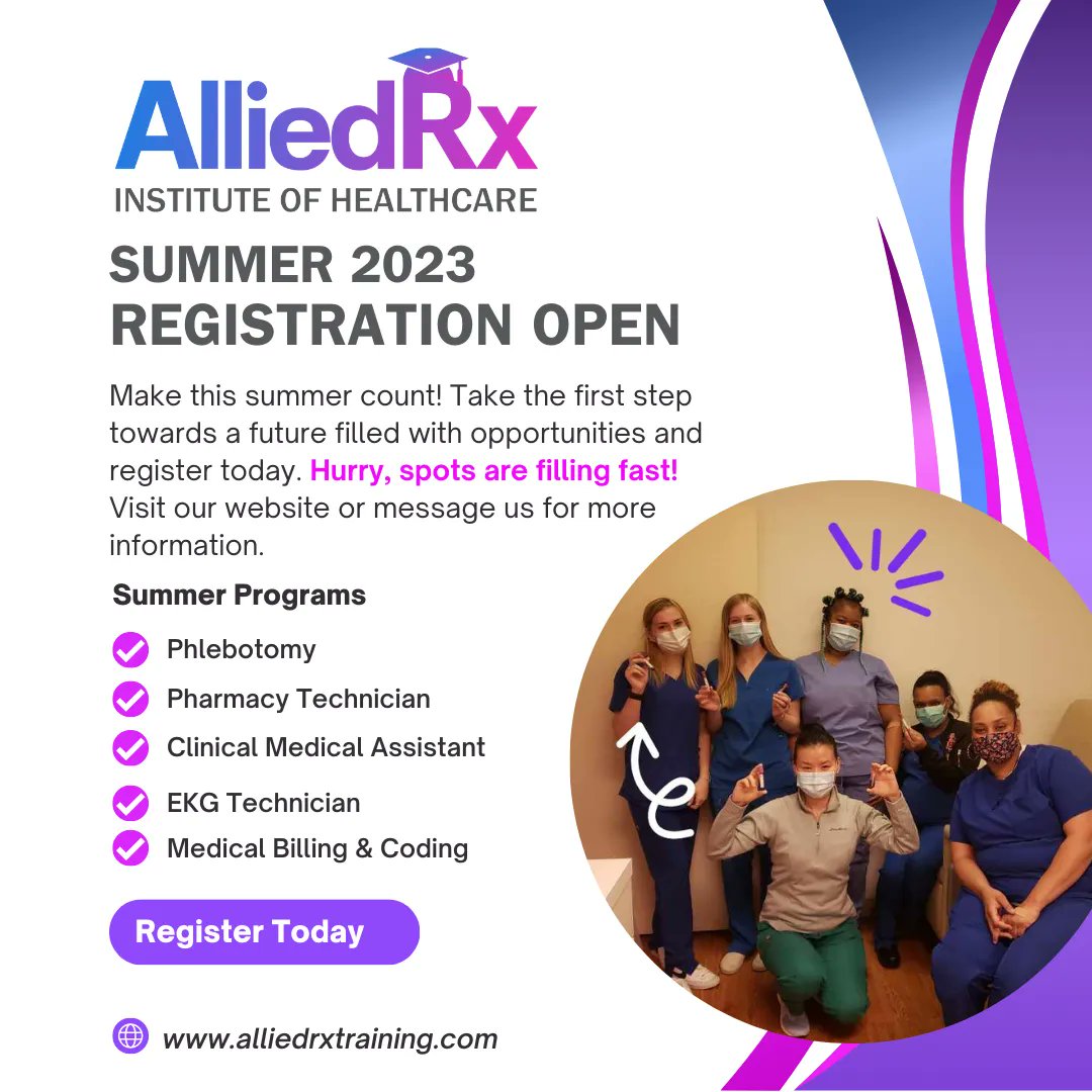 alliedrxtech's tweet image. Are you ready to make this summer the start of your exciting career in healthcare? Now's your chance! Register for one of our industry-oriented programs.☀️💙 
Hurry, spots are filling fast! 
#phlebotomyclasses #pharmacytechclasses #ccma #ekgtech #billing #coding #nha #ashp #amt
