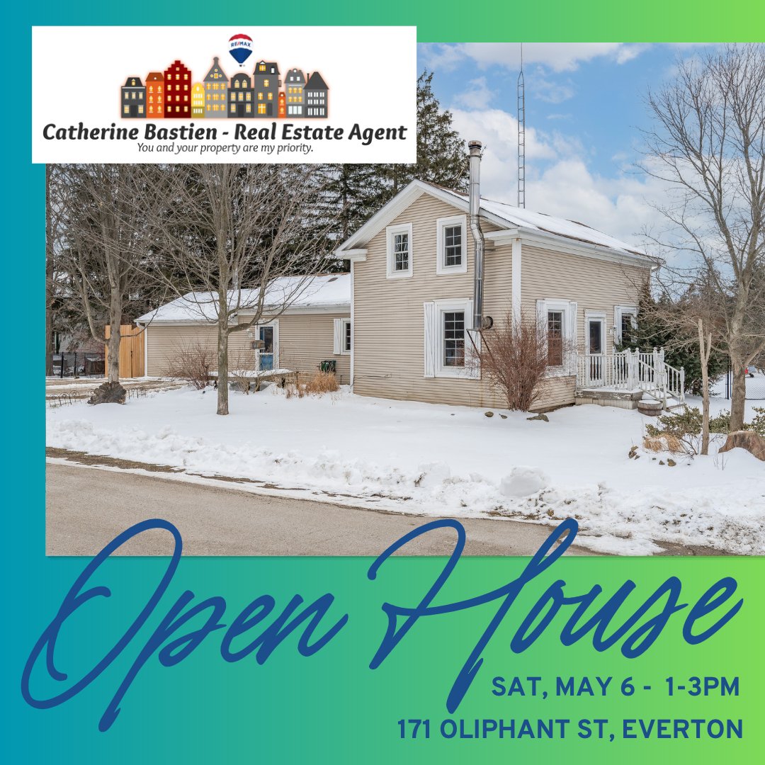 OPEN HOUSE TODAY 
Saturday, May 6th - 1:00-3:00 pm

Affordable dream property!

171 Oliphant Street
Everton, Rockwood, Guelph-Eramosa

MLS®#: 40382152
#RealEstate #ThingsToDo  #catherinebdotca #catherinebrealtor #realtorcatherineb #catherinebastien #catherineb