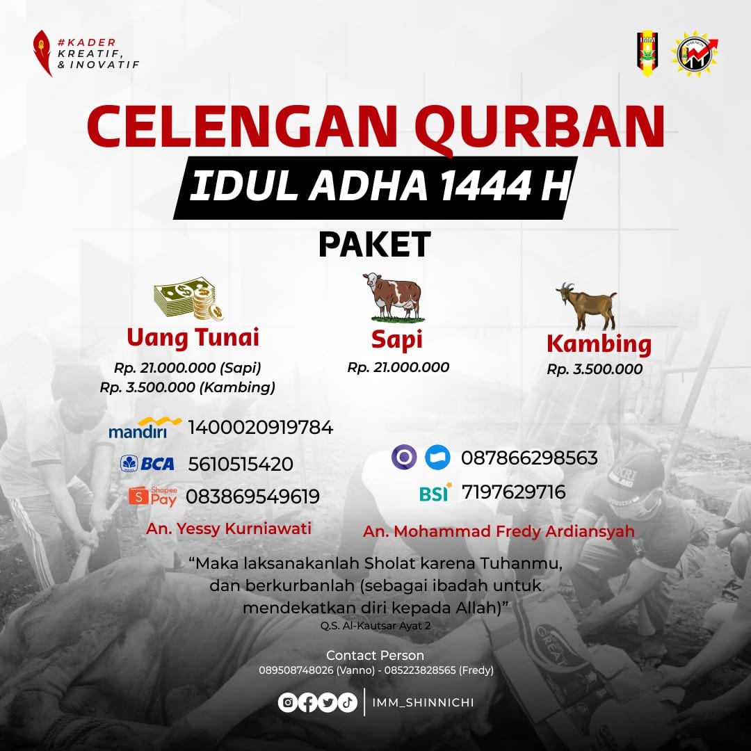 ImmShinnichi's tweet photo. *PK IMM SHIN'NICHI OPEN CELENGAN QURBAN 💸🐄🐏*

*Keterangan paket :*
1. Paket Hamzah Bin Abdul Muthalib : 💸 Uang Tunai
(Rp. 3.500.000 Kambing)
(Rp. 21.000.000 Sapi)
2. Paket Abu Ubaidah Bin Jarrah : 🐄 Sapi
3. Paket Khalid bin Walid : 🐐 Kambing https://t.co/Bt7mzju67d