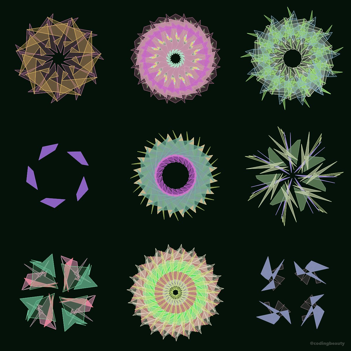 3x3 Spinning Polygons Art № 81602 
#3x3 #spinning #polygons #flower #math #symmetry #pattern #generative #procedural #art #creativecoding