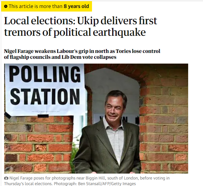 These were the Guardian headlines when UKIP won 163 seats at the local elections in 2014

For context the Green Party just won 241 seats, but no talk of a "political earthquake"

Media bias is crystal clear