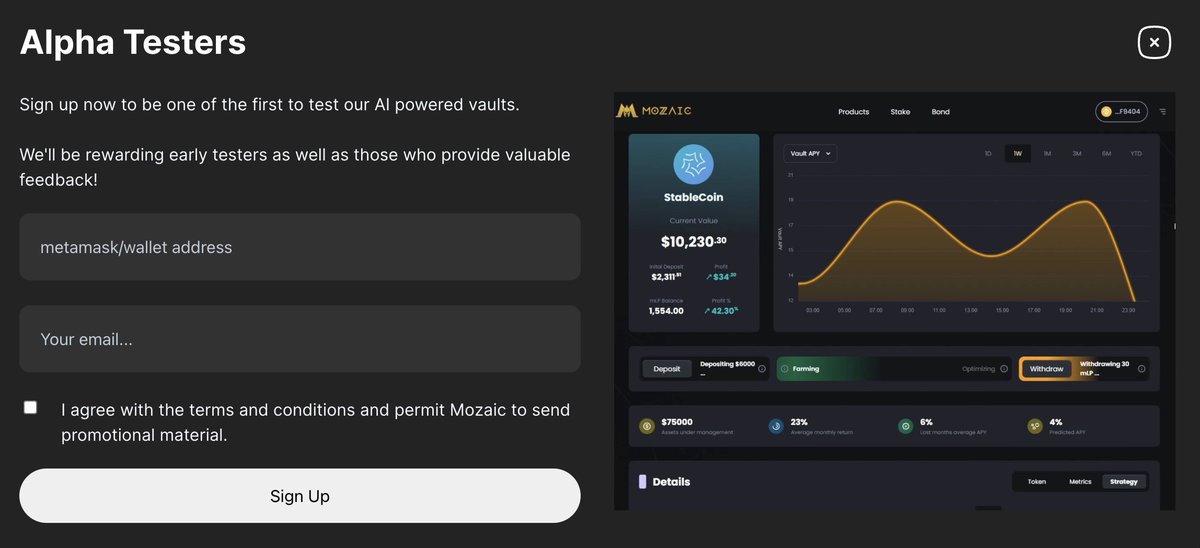 📃 <a href="/Mozaic_Fi/">Mozaic Finance</a> Alpha Tester Whitelist 📃

✨ Mozaic is AI-Optimized Yield and Liquidity platform Powered by LayerZero.

💰 They will be rewarding early testers as well as those who provide valuable feedback! This is a great opportunity guys 🚨

Go to ➡️ mozaic.finance