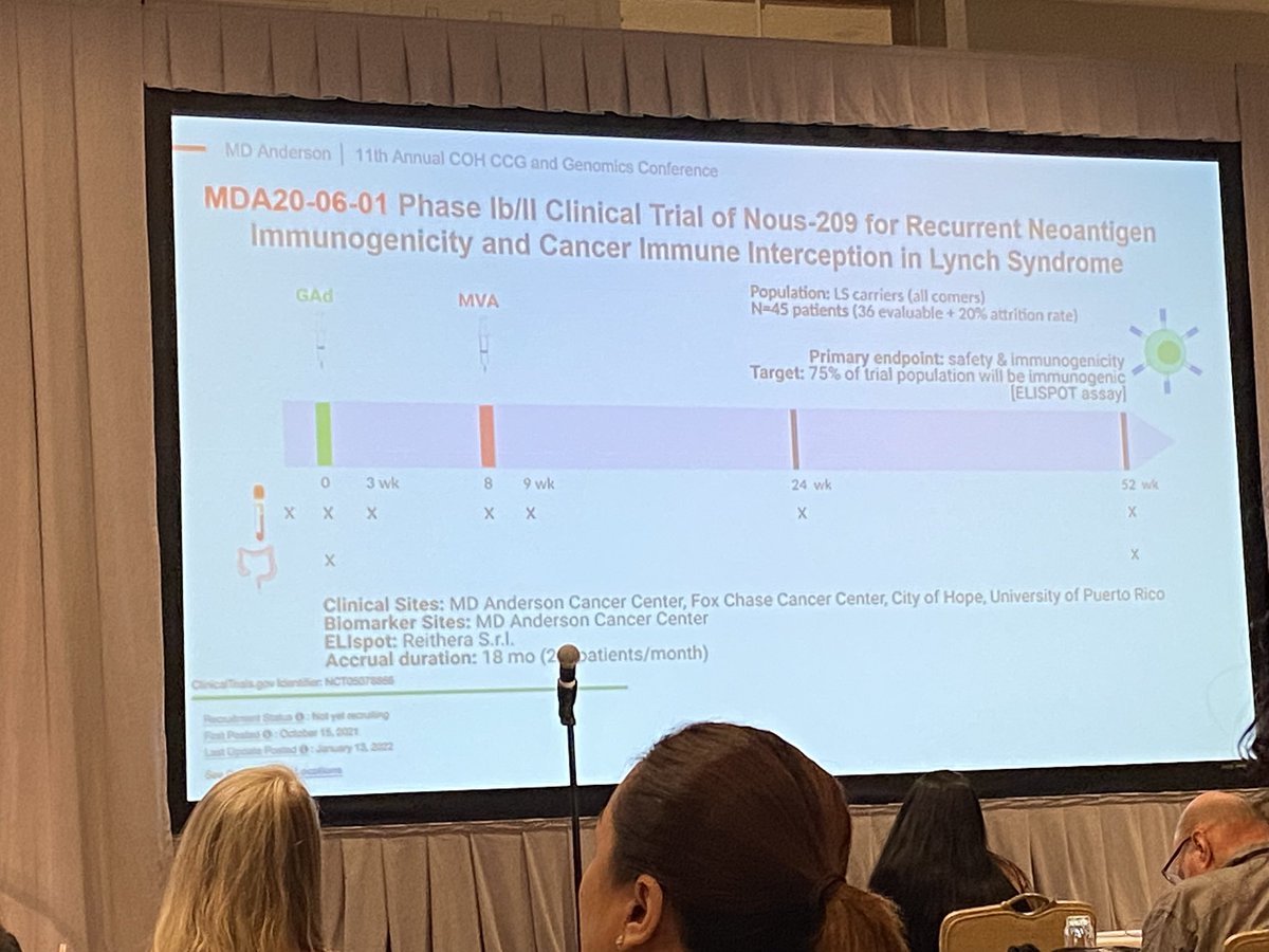 ARosen380's tweet photo. Could Lynch syndrome become the first genetic disease prevented? Great talk by @evilarsan discussing vaccine trials for Lynch Syndrome. The future is bright! Clinical trials are open at @MDAndersonNews to study this! #COHGenomics23 #lynchsyndrome #crcsm #cancer @cityofhope https://t.co/3yLoMoJ9wo