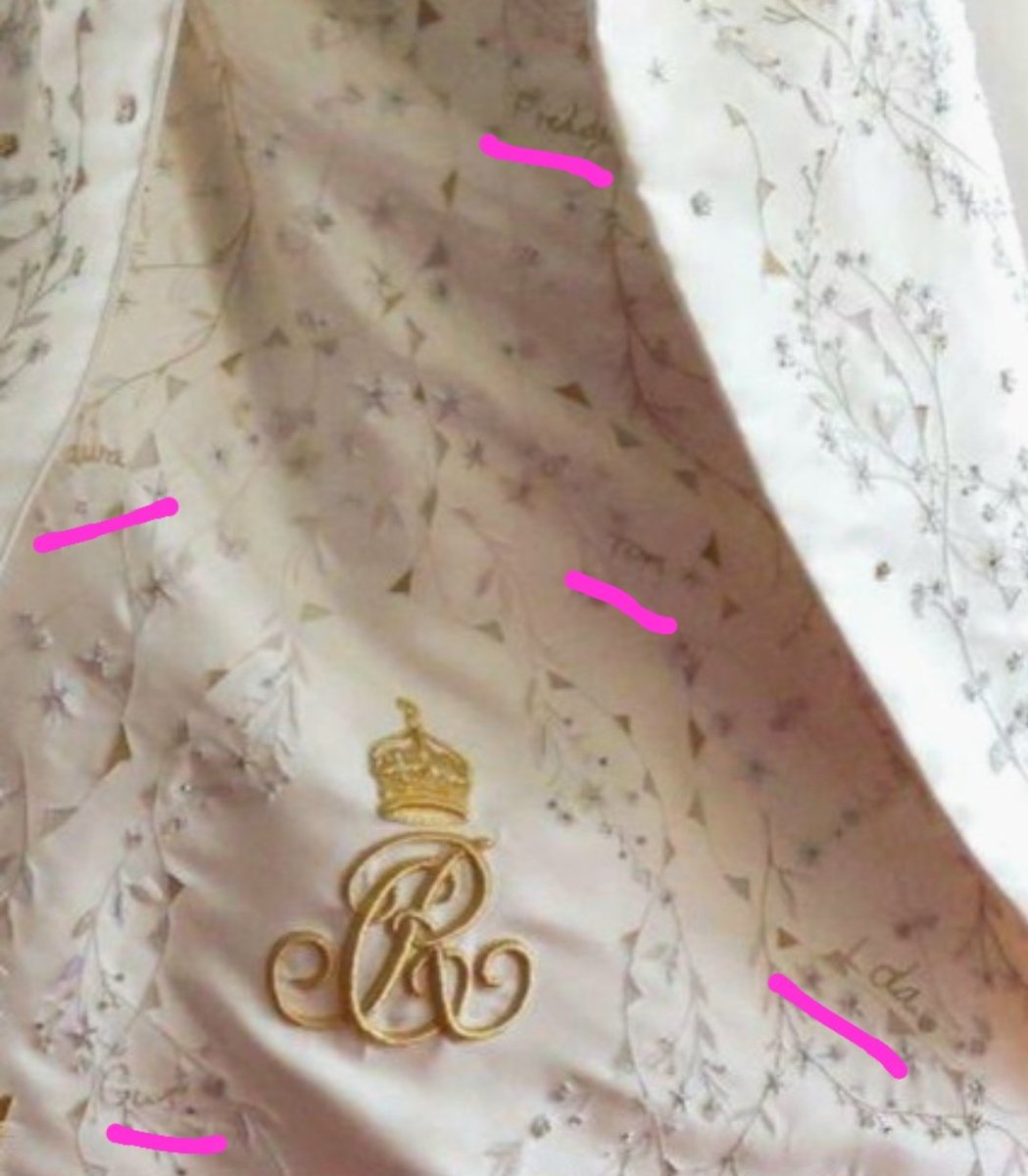 Not only the embroidered dogs on Camilla's skirt, but family names too - Gus, Freddy, Tom, Lola and Laura (it looks like). Lovely personal touch. Photo via @CoutureRoyals