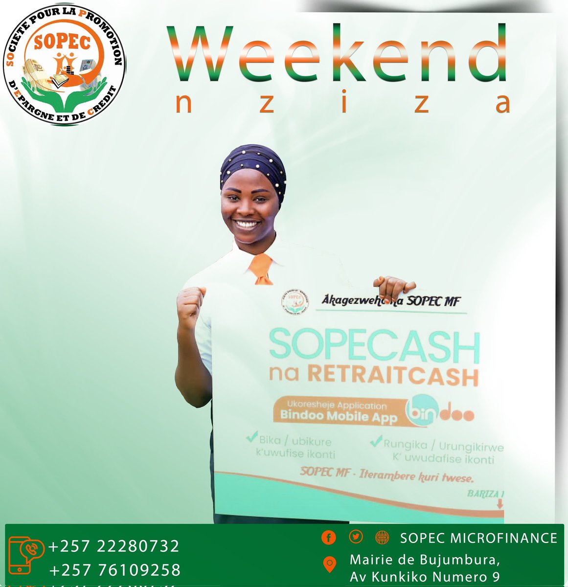 SOPEC2019MF's tweet photo. #Burundi:
Bon weekend avec @SOPEC2019MF ,enjoy our #SOPECASH and #RETRAITCASH product, withdrawals and deposits are available from everywhere.
@amour_kwizera @NyaburungaNino @AmiRomeoNzisab1 @NdihokubwayoCm3 https://t.co/uULbbj3W7S