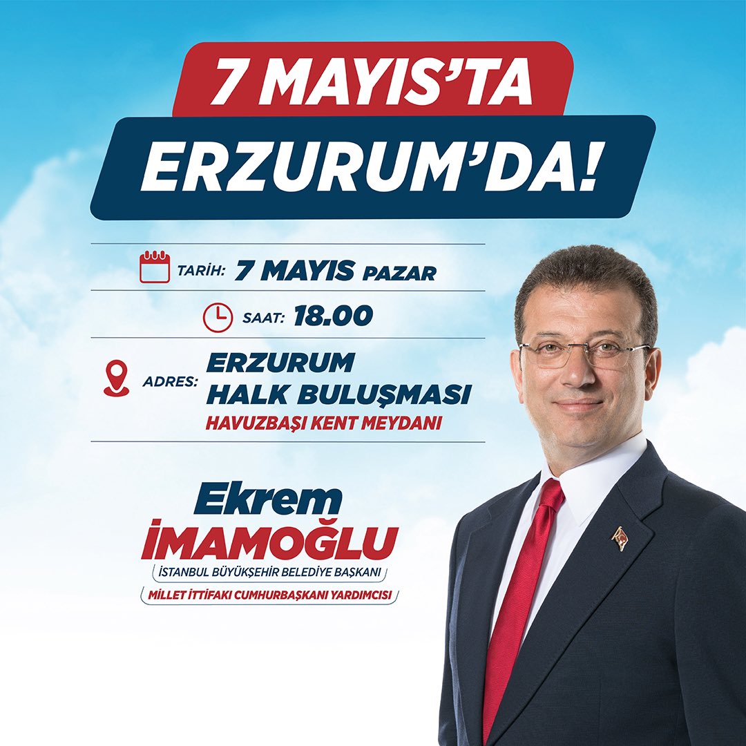 ekrem_imamoglu's tweet photo. Yarın 11.30’da Çorum’da
            15.00’te Sivas’ta 
             18.00’de Erzurum’dayız. 
Millet Buluşmalarımıza tüm halkımız davetlidir. https://t.co/qXFxjaUXTZ