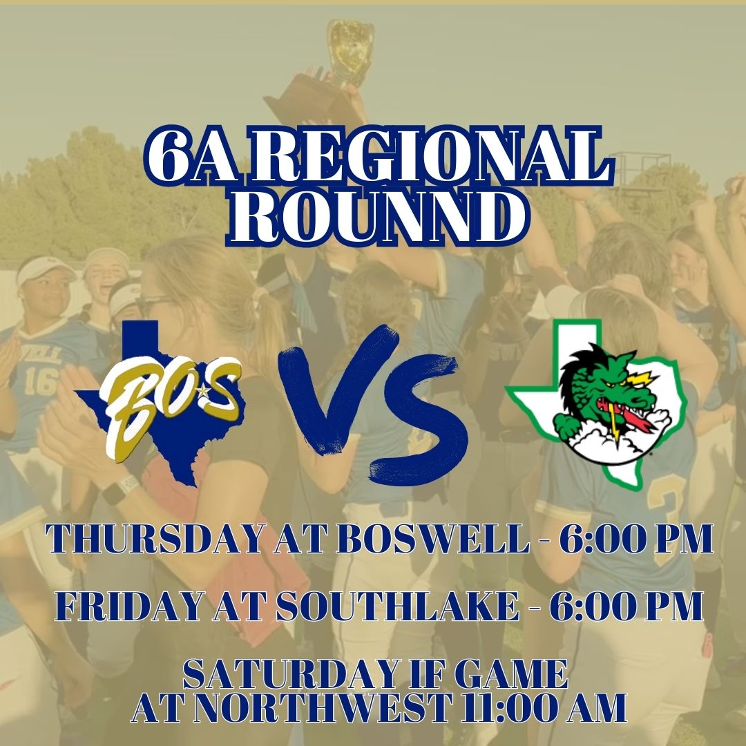 BosSoftball's tweet photo. 🚨6A REGIONAL ROUND SCHEDULE🚨
Thursday at Boswell - 6 pm 
Friday at Southlake - 6 pm  
Saturday IF game at Northwest - 11 am 

@boswellhs @BoswellPioneers @emsisdathletics https://t.co/joNVCD3kED