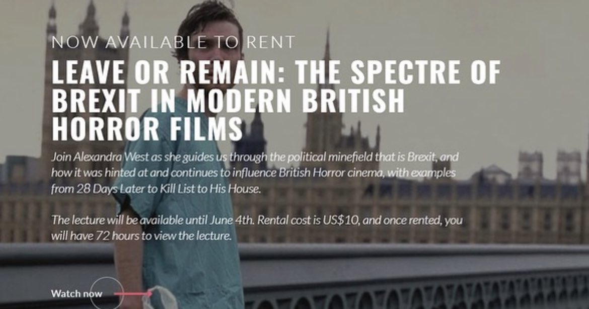Miskatonic Institute of Horror Studies (@miskatonicihs) on Twitter photo Our #Miskatonic Online May 2023 class, LEAVE OR REMAIN: THE SPECTRE OF BREXIT IN MODERN BRITISH HORROR FILMS is available to rent on our Vimeo channel here: vimeo.com/ondemand/leaveā¦
Find instructor <a href="/ScareAlex/">Alex VVest</a>ās bibliography & filmography here: miskatonicinstitute.com/2023/05/leave-⦠Our #Miskatonic Online May 2023 class, LEAVE OR REMAIN: THE SPECTRE OF BREXIT IN MODERN BRITISH HORROR FILMS is available to rent on our Vimeo channel here: vimeo.com/ondemand/leaveā¦
Find instructor <a href="/ScareAlex/">Alex VVest</a>ās bibliography & filmography here: miskatonicinstitute.com/2023/05/leave-ā¦