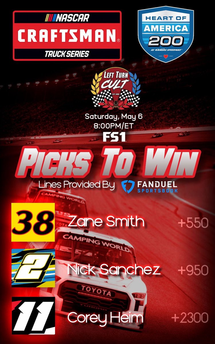 Get those bets in ASAP! This is a late post (admin slacking)

@VinceBrent4ever has the Picks To Win for todays #HeartOfAmerica200!

#Nascar75 | #FanDuelSportsbook