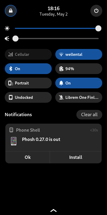 GuidoGuenther's tweet image. phosh 0.27.0 is out📱:

This one has a new menu on power button long press, initial emergency calls support, improvements on the compositor side, configurable ring tones and more.

Full release notes at phosh.mobi/releases/rel-0…

#phosh #librem5 @Puri_sm  #gnome #LinuxMobile