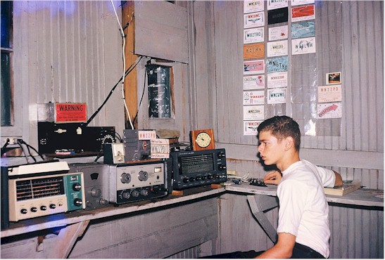 Novice-Class Station WN2ZPD/1 operating at Granite Lake Camp, Munsonville, NH in the summer of 1967. The main equipment (left to right): a Heathkit GR-91 shortwave receiver, Hallicrafters HT-40 AM/CW transmitter, and Lafayette Radio Electronics HE-30 receiver.