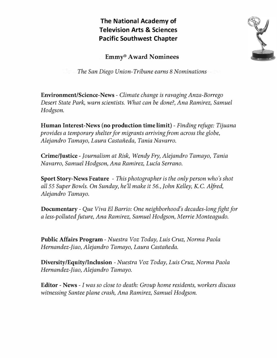 Congratulations to my colleagues at the <a href="/sdut/">The San Diego Union-Tribune</a> for receiving eight Emmy nominations from <a href="/NATASPSW/">NATAS-PSW</a> #TheEmmysPSW