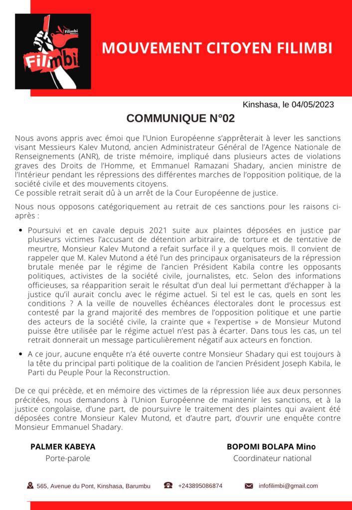 afrikarabia's tweet photo. #RDC @filimbi243 s’inquiète de la possible levée des sanctions de l’Union européenne à l’encontre de Kalev #Mutond (ancien patron des renseignements) et Emmanuel #Ramazani Shadary (ancien ministre de l’Intérieur). https://t.co/aww3WnQJwj
