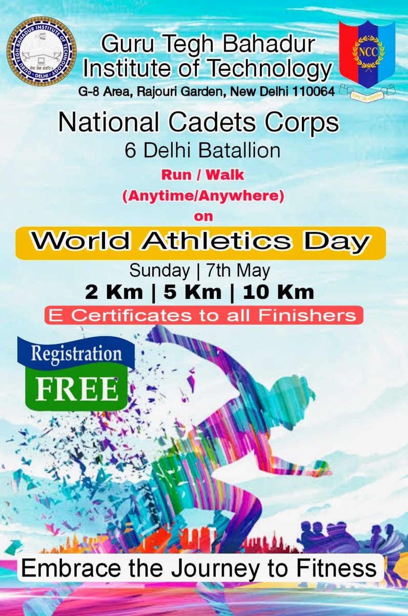 "Join us for a virtual marathon organized by GTBIT College NCC cadets on #WorldAthleticsDay! Let's celebrate the spirit of fitness together! 🏃🏽‍♀️🏃🏽‍♂️💪🏽 #GTBIT #NCC #VirtualMarathon #FitnessGoals"
<a href="/HQ_DG_NCC/">National Cadet Corps</a> <a href="/NCC_Dte_Delhi/">NCC_Dte_Delhi</a>