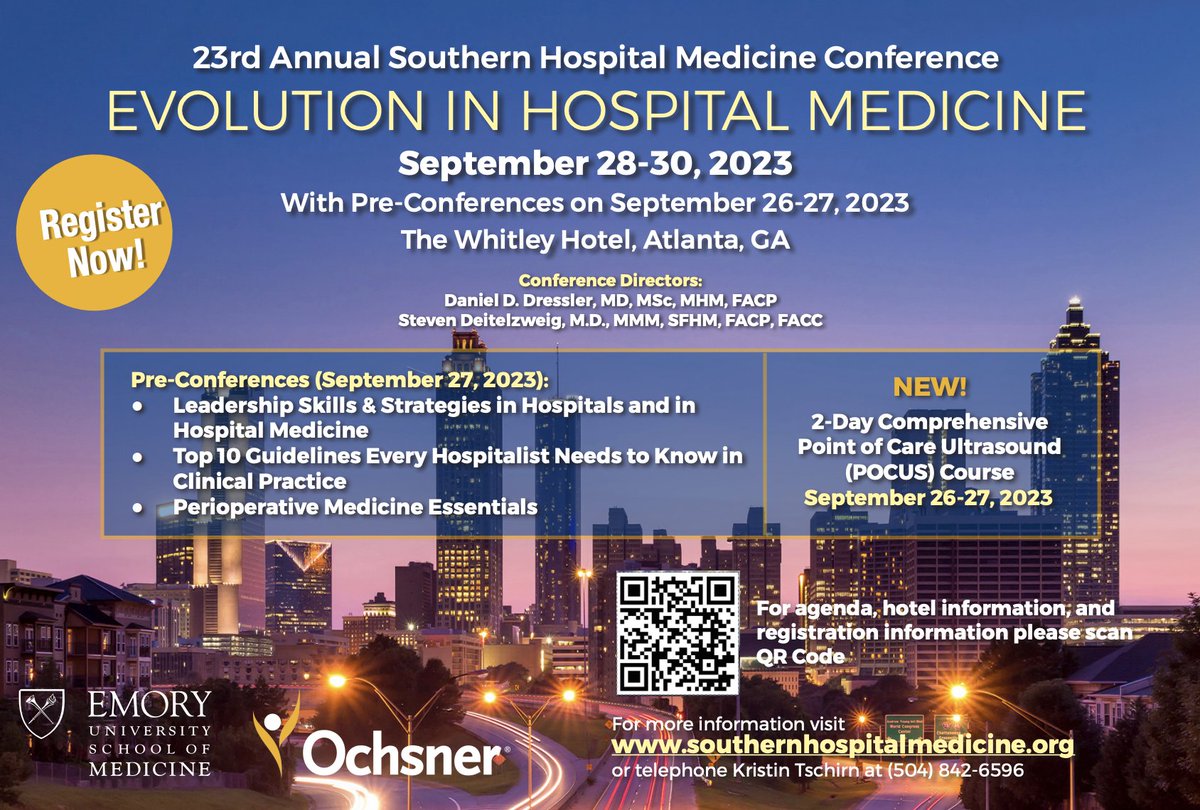 I'm 1 of the codirectors for the Southern #HospitalMedicine Annual Conf. &we've got an amazing meeting planned this September in Atlanta! If you're looking for high-yield content&CME, join us! Baked goods may be used to sweeten the deal 😉 southernhospitalmedicine.org
@SocietyHospMed