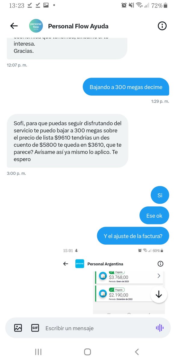 sofiasl5's tweet photo. @PersonalAr Me habian ofrecido bajar a 300 megas y pagar 3610. Ahora como no aplicaron lo que ofrecieron, me dicen de bajar a 300 y pagar 6000.
@DNDConsumidor https://t.co/xTpqPX0US7