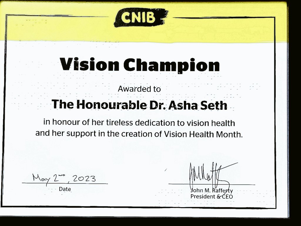 AshaSethSenator's tweet photo. A great honor to be recognized &amp; awarded   "VisionChampion"10th Anniversary of having the Government of Canada observe each May as "National Vision Health Month" thanks to all  @CCBNational @CNIBAdvocacy  @rafferty_john1 @SenatDagenais @onmyporch  @SenateCA #cdnpoli  @JudySgroMP https://t.co/XoRmnYEjYR
