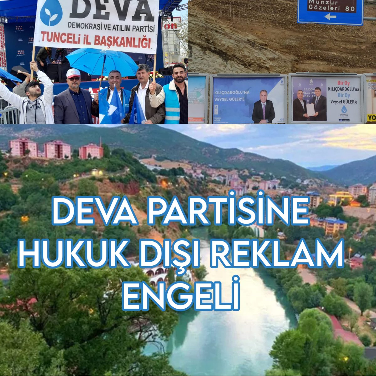 Tunceli'de Bilbord reklamlarımızın  parasını vermemize rağmen süresi dolmadan Bilbordlarımız sökülüp yerine iktidar Partisi'nin bilbordları asılmıştır. Bu hukuksuz işlem ile ilgili yarın saat 12.00'de il binamızda basın açıklamamız olacaktır.
<a href="/veyselgulerr62/">Veysel Güler</a> 
<a href="/tuncelidedeva/">Deva Partisi Tunceli İl Başkanlığı</a>