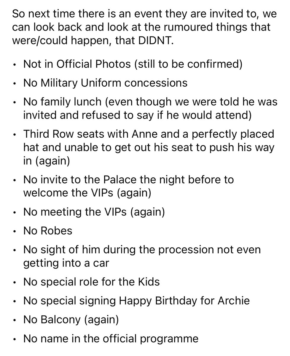 sage1411's tweet photo. Charles had a beautiful coronation despite all the PR smears from the harkles and they’re trying to make demands. He was not weak, he did not cave. List from SMM https://t.co/CQbbiNoJXG