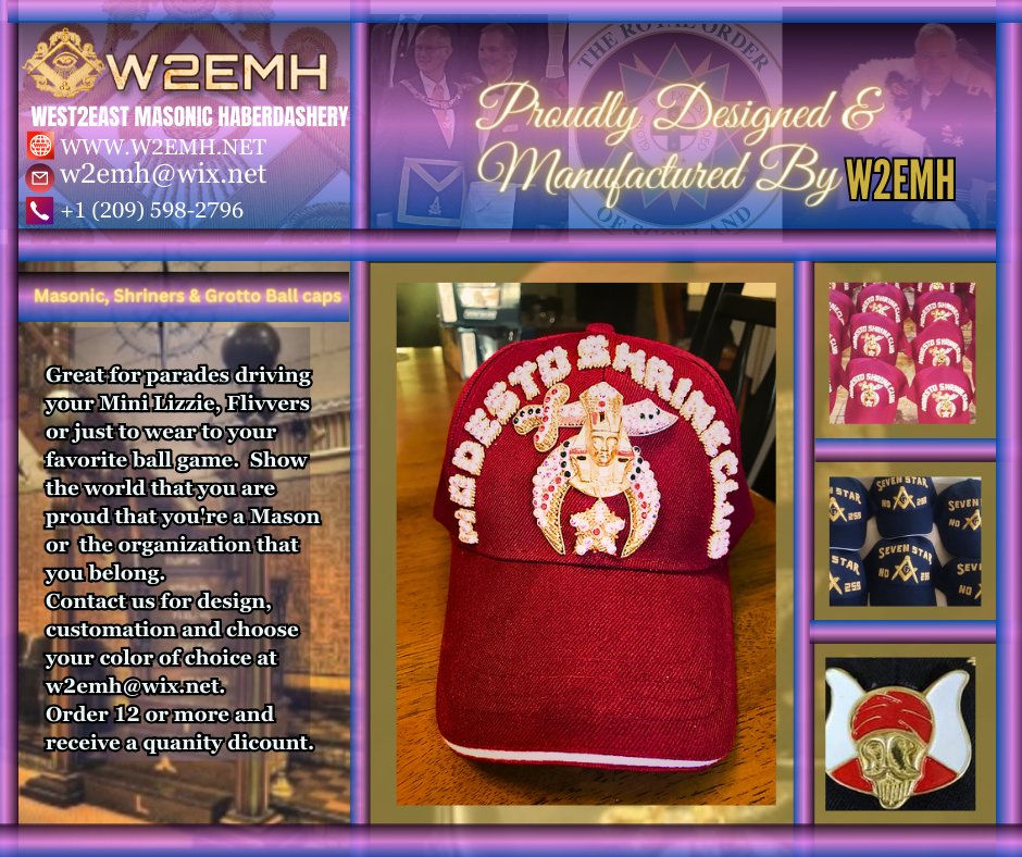 Our Ball Caps are first quality ... if you want your Blinged Ball Cap hand made from the finest artistans .... West2East Mashonic Haberdashery, LLP is here to do just that for you!
✉️  w2emh@wix.net   🕸️ w2wemh.net
🤙 +1 (209) 598-2796
🤙 +1 (662) 424-2920