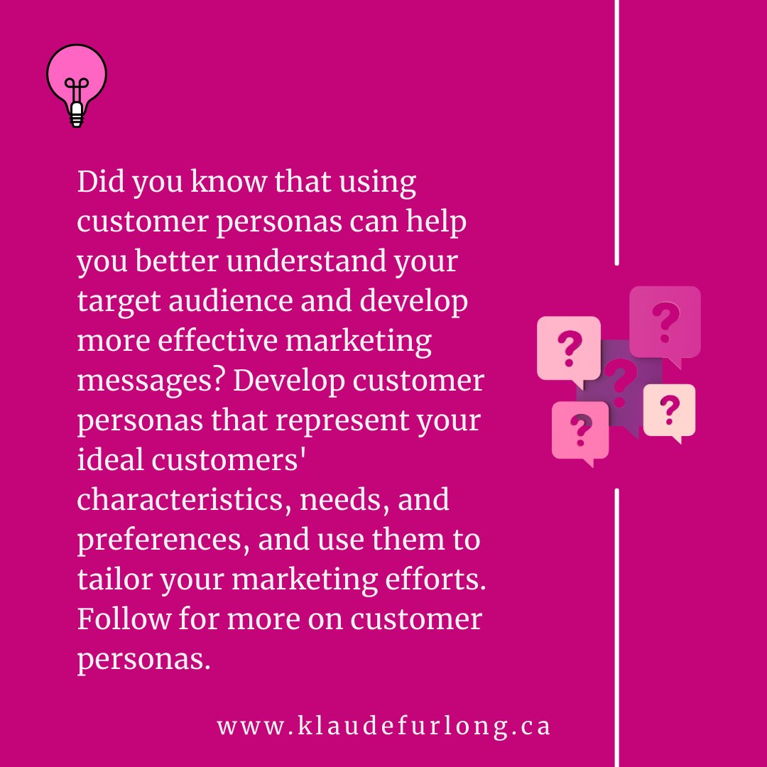 FurlongKlaude's tweet image. How do you tailor your marketing messaging to connect with your audience on a deeper level? 🤔 Using customer personas is a powerful strategy for increasing your ROI! 💰 #customerpersonas #marketingstrategy #targetedmessaging #deeperconnection #ROI 🎯