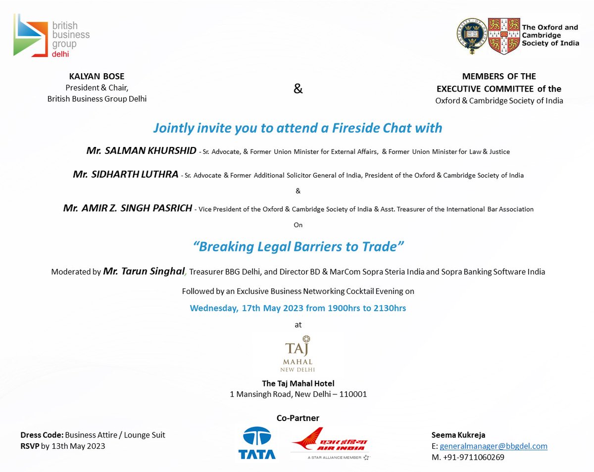 We are pleased to invite you for a #FiresideChat on May 17th moderated by Mr. @india_singhal, featuring esteemed legal experts Mr. #SalmanKhurshid, Mr. @sidharthluthra, & Mr. @AmirPasrich on the topic of 'Breaking Legal Barriers to Trade' ⚖ Click Here 📲 lnkd.in/dN6Be8FZ
