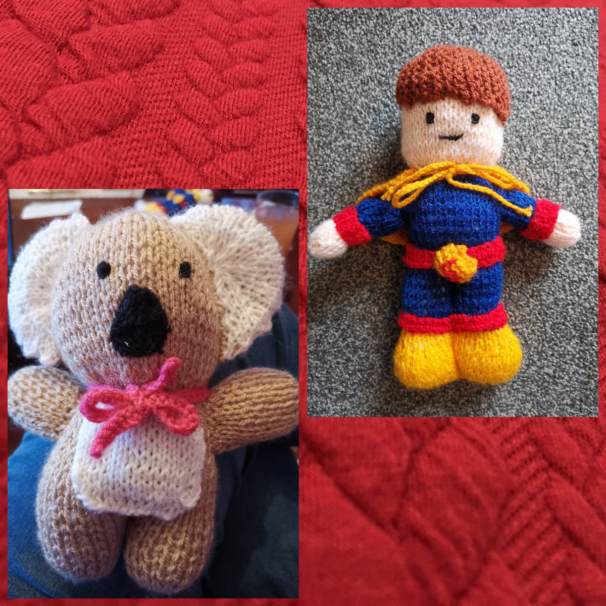 A bit of knitting this week for the shoeboxes. Koala and Superkid. #jeangreenhowe #OperationChristmasChild