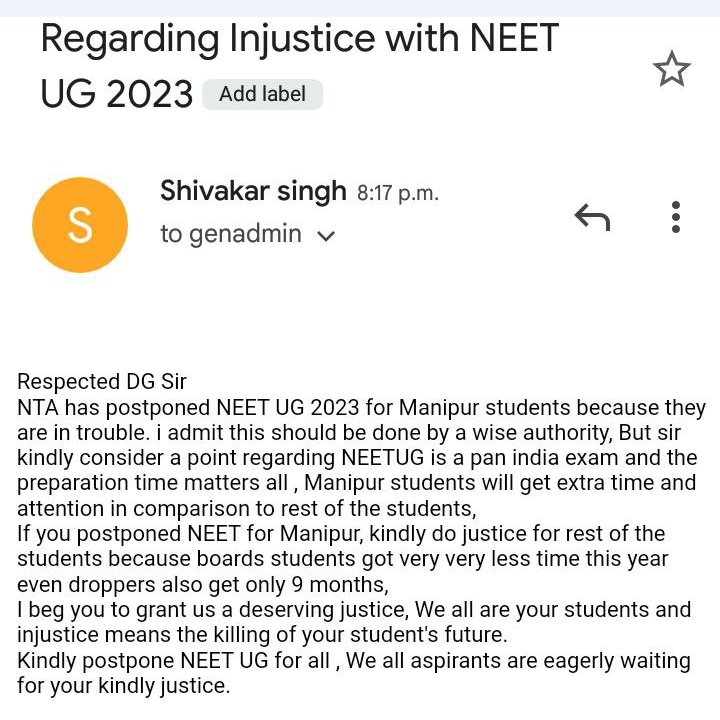 Shivakar_'s tweet photo. @DG_NTA @EduMinOfIndia @narendramodi 
Sir, we all are your students as everyone knows that in #NEETUG exam time matter all, Kindly don't play with our lives, i know Manipur is sensitive but kindly recall it is apan india exam then why reschedule for only manipur students ?
#NEET https://t.co/g4dKSHvQfk