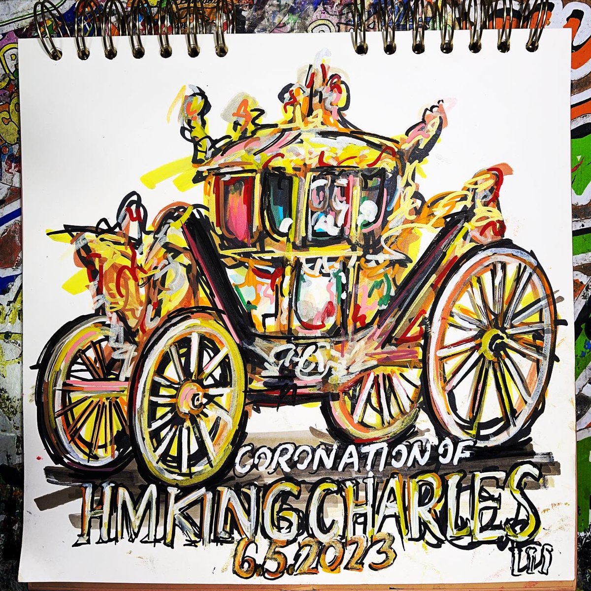Popbangcolour's tweet photo. To mark the #Coronation of #KingCharles today, here’s the #goldstatecoach as a @Popbangcolour #ContinuousCar drawing - Watcha think to it? 👑✍🏻

Created at the @BritishGT Championship this weekend at @SilverstoneUK 

#CoronationDay https://t.co/FzChw8oi7s