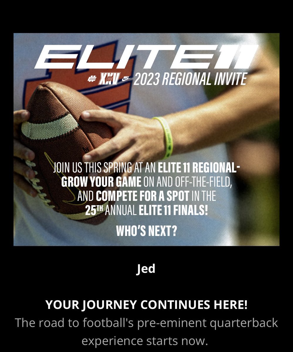 JedWest2024's tweet photo. Excited to receive an invite to the @Elite11 regional in ATL on May 13! 

@Coach_Cab @Coach_D_Salmon @CoachDeGraf23 @RivalsFriedman @shulerbentley @rbrindley0526 @jcromp8 @CoachShawnQuinn @NPCoachJeff https://t.co/ysBdaAvegT