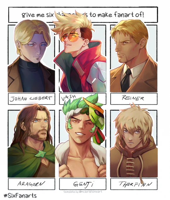 So, here are the first characters for the #sixfanarts challenge! Thank you all so much for your suggestions. ❤️ I'll do another batch and then get back to drawing full illustrations again. ☺️
