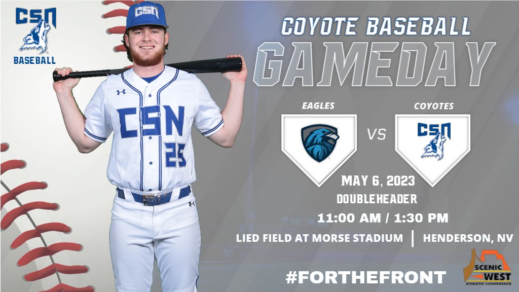 ⚾GAMEDAY⚾
Doubleheader 
🆚 | Utah State Eastern Eagles 
📆 | May 6, 2023
⌚ | 11:00 AM / 1:30 PM 
🏟️ | Morse Stadium 
📍 | Henderson, Nevada 
📺 | Coyote Sports Network 
scenicwestnetwork.com/csn/
🐺⚾️ #ForTheFront #ProtectTheDen #BeatTheEagles 
@csncoyote