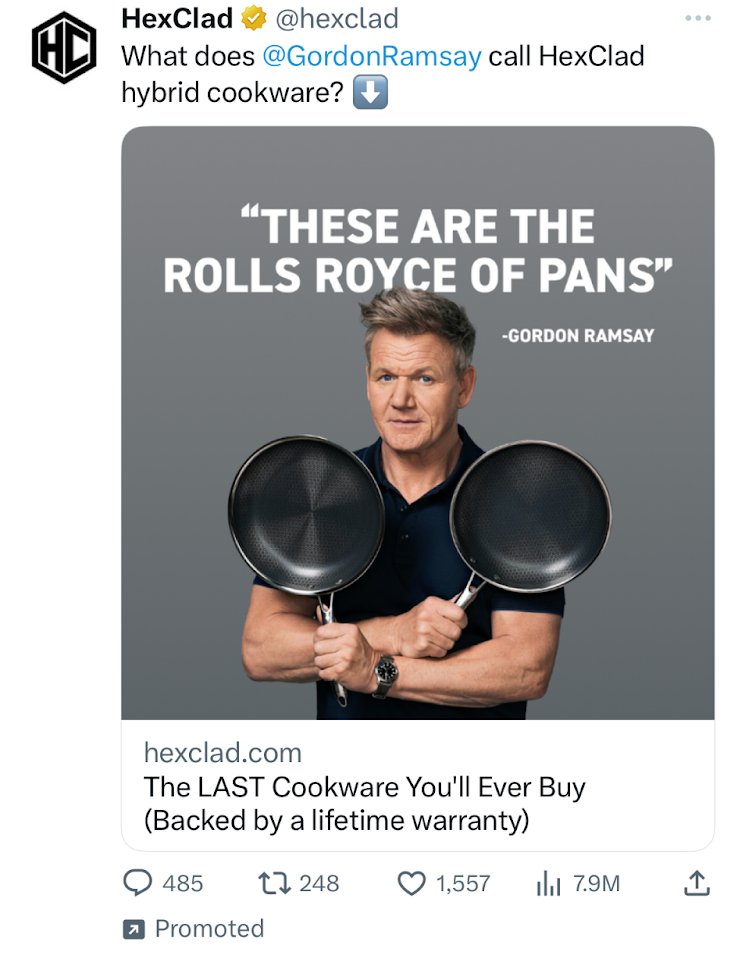 RT @nevmed: This HexClad cookware Twitter ad has a cool headline PLUS a catching image with Gordon Ramsay. https://t.co/Th9Vw4skti