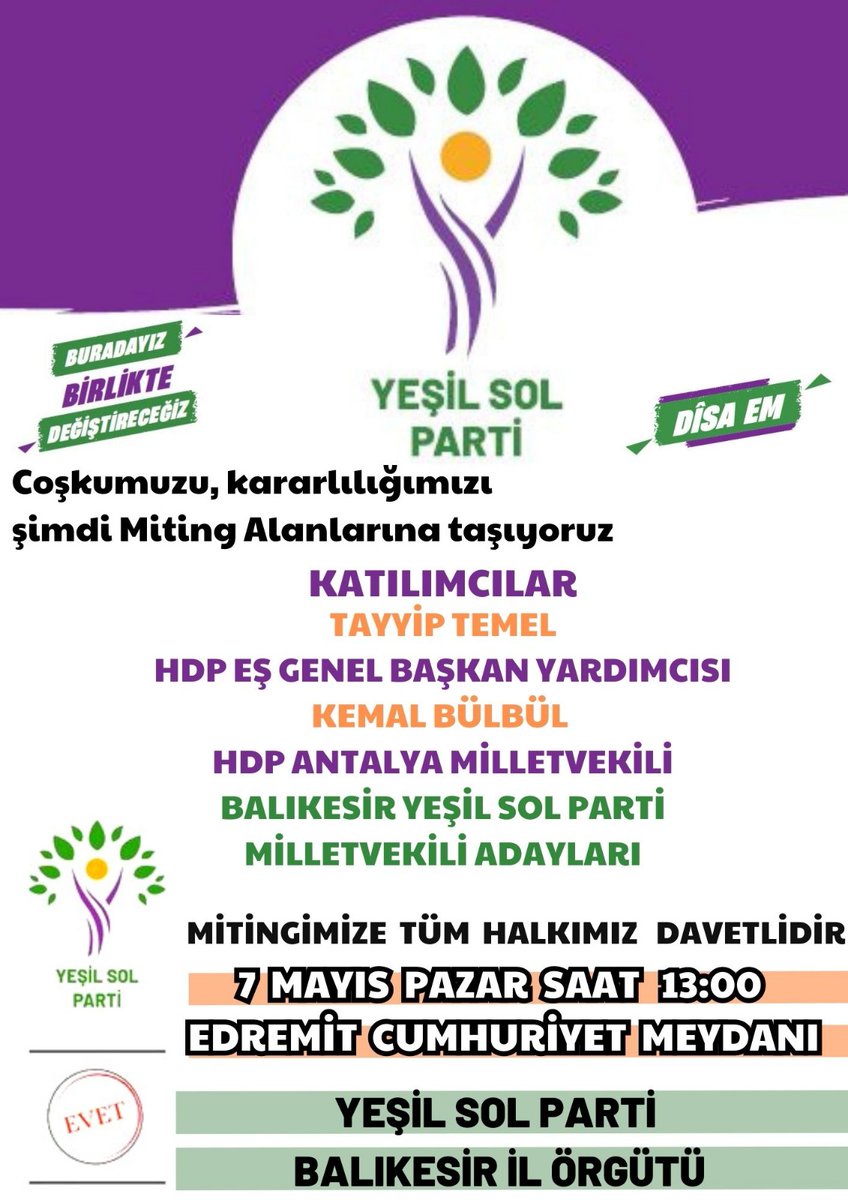 sevincoskun_'s tweet photo. Yarın #Balıkesir #Edremit'te Cumhuriyet Meydanı’nda saat 13.00'te gerçekleştireceğimiz mitingimize tüm halklarımız davetlidir.
#BuradayızBirlikteDeğiştireceğiz 
@BlkYesilveSol @TayipTemel @Kemalbulbull @hdp_edremi https://t.co/tJv9zgRXH1