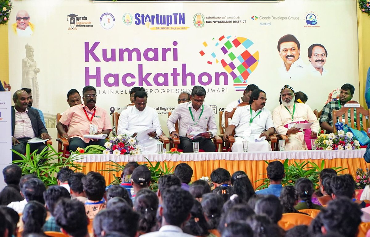 TNITDepartment's tweet photo. 'Kumari Hackathon 23' showcased the talented youth of Kanyakumari tackling sustainability &amp; development challenges. The Top 5 teams were recognized for their innovative work. It is clear that TN's IT sector has a bright future! #techtocommonman #tamilnaduforit #innovation https://t.co/SjZL7NKJIA