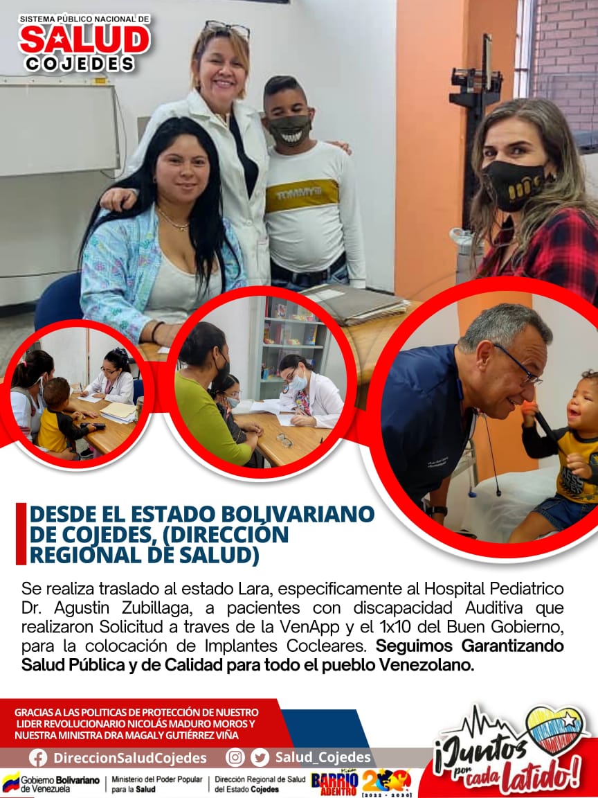 MPPSalud (@minsaludve) on Twitter photo Dando respuesta a nuestro pueblo a través de la aplicación VenApp y del 1x10 del Buen Gobierno se trasladan al edo. Lara pacientes con discapacidad auditiva para colocación de Implante Coclear
#JuntosPorCadaLatido
#ConMaduroMeResteo
<a href="/NicolasMaduro/">Nicolás Maduro</a>
<a href="/MagaGutierrezV/">Magaly Gutiérrez Viña</a> Dando respuesta a nuestro pueblo a través de la aplicación VenApp y del 1x10 del Buen Gobierno se trasladan al edo. Lara pacientes con discapacidad auditiva para colocación de Implante Coclear
#JuntosPorCadaLatido
#ConMaduroMeResteo
<a href="/NicolasMaduro/">Nicolás Maduro</a>
<a href="/MagaGutierrezV/">Magaly Gutiérrez Viña</a>