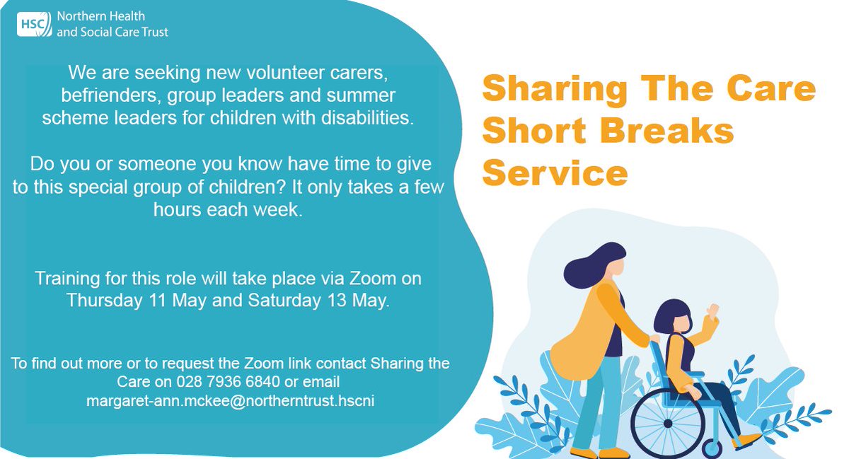 NHSCTrust's tweet photo. Can you help our Sharing the Care Short Breaks Service?

It is currently seeking volunteers to help children with disabilities.

Training sessions will take place on Zoom on May 11 and May 13

For more info, ring 028 7936 6840 or email margaret-ann.mckee@northerntrust.hscni.net https://t.co/hWxP5biZNU