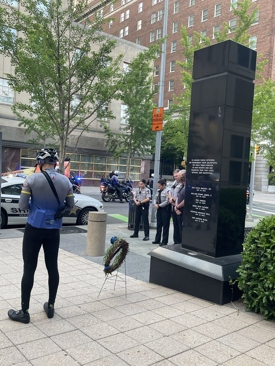 WakeSheriff's tweet photo. Honor the fallen, inspire the standing. 

Today members of local law enforcement agencies are leaving Raleigh &amp; riding 500 miles to DC in honor of all the fallen Officers in our state. 

The riders stopped by the Sheriff’s Office to honor the six Officers our agency has lost 💙 https://t.co/gX0CF5jrRa