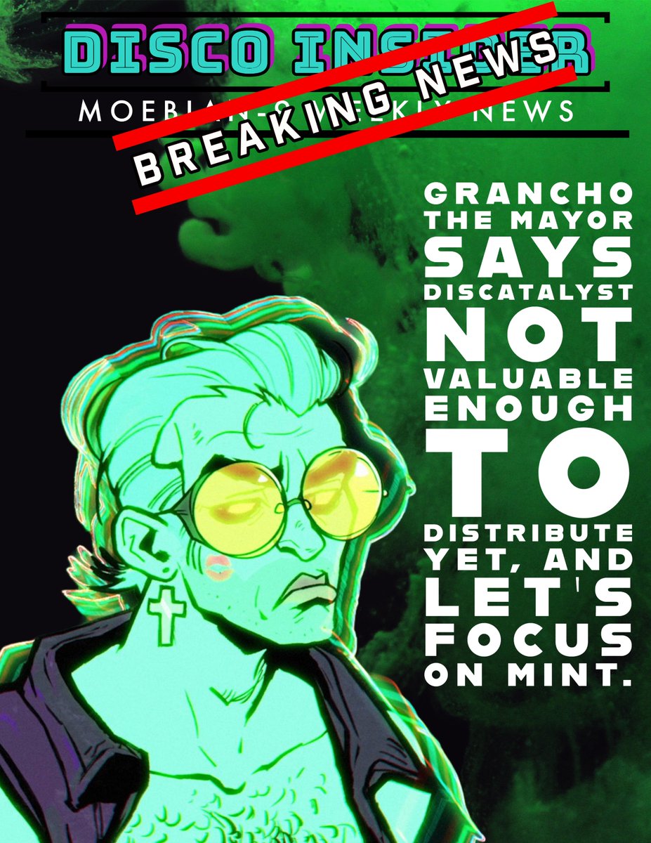 Discoinsider's tweet photo. BREAKING NEWS  :🚨 disCatalyst Situation

Grancho the Mayor says disCatalyst not valuable enough to distribute yet, and let’s focus on mint.

disCatalyst chanel is on fire 🔥🔥

Continuous reading on : https://t.co/9rh2jQhm2z

#discosolaris #cnft #thesilktoad #silktoad https://t.co/JdFc8obpCD